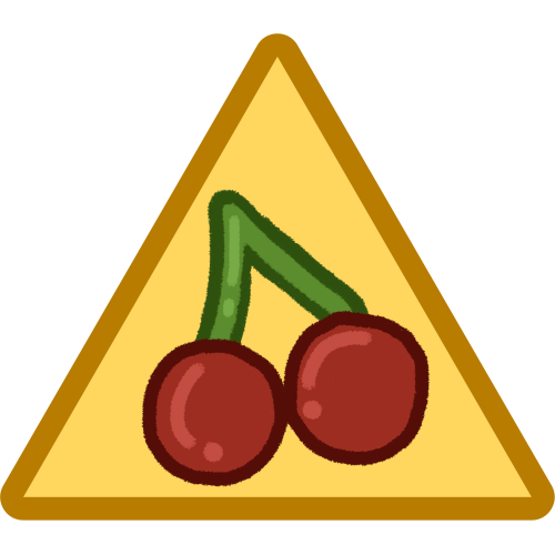 a yellow triangle with two cherries inside it